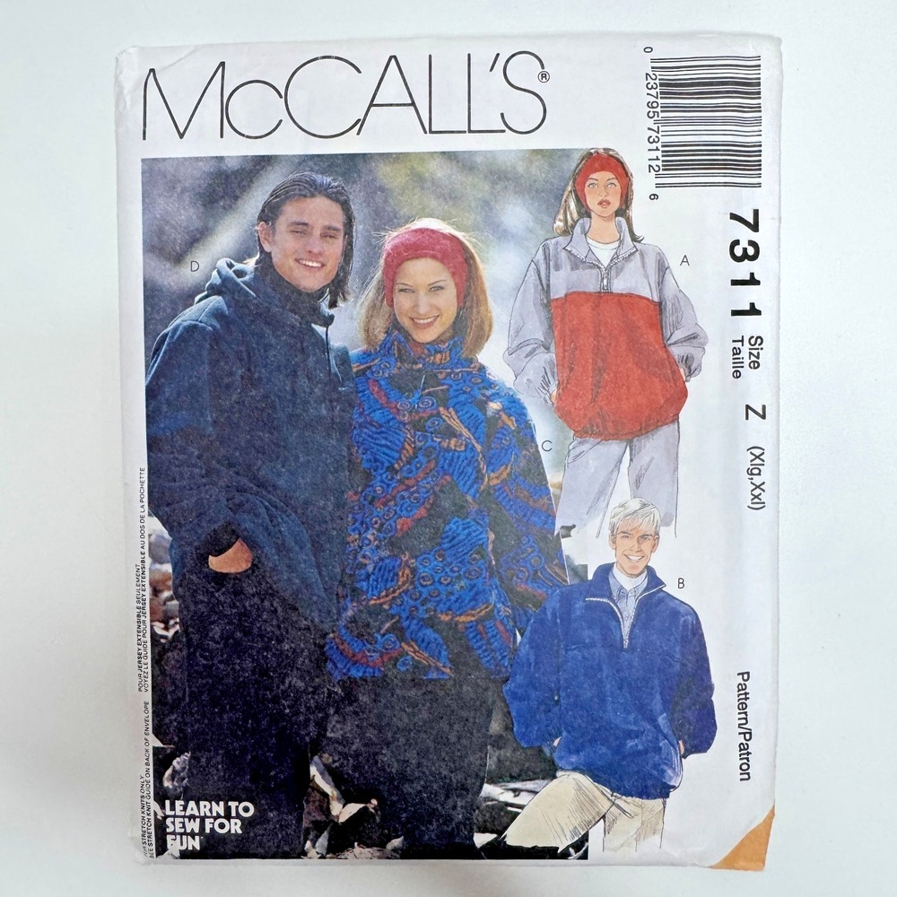 McCALLS 7311 Uncut Sewing Pattern Unisex‎ XL & XXL 1/4 Zip Pullover Collar Hood